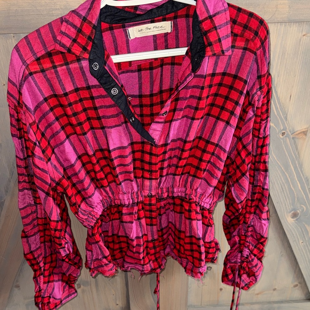We The Free Red and Pink Plaid Button Down Shirt